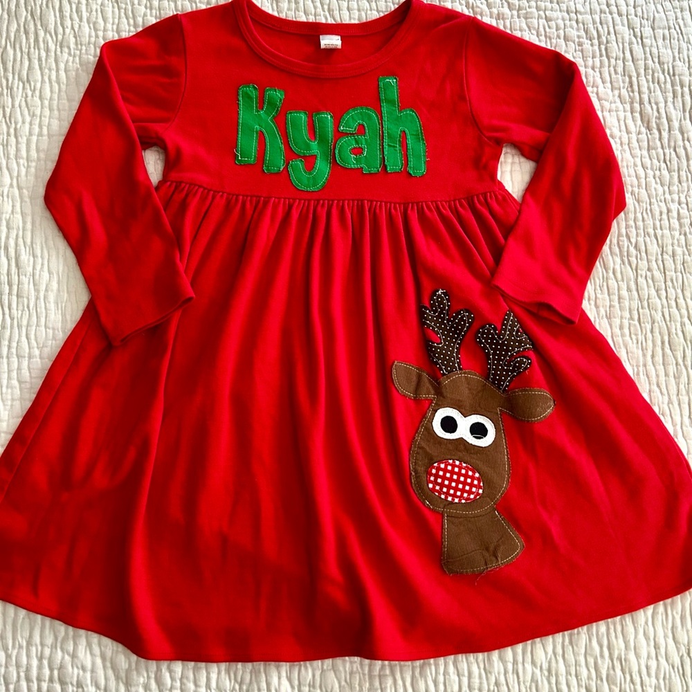 Red Dress with Reindeer and girls name KYAH Appliqué